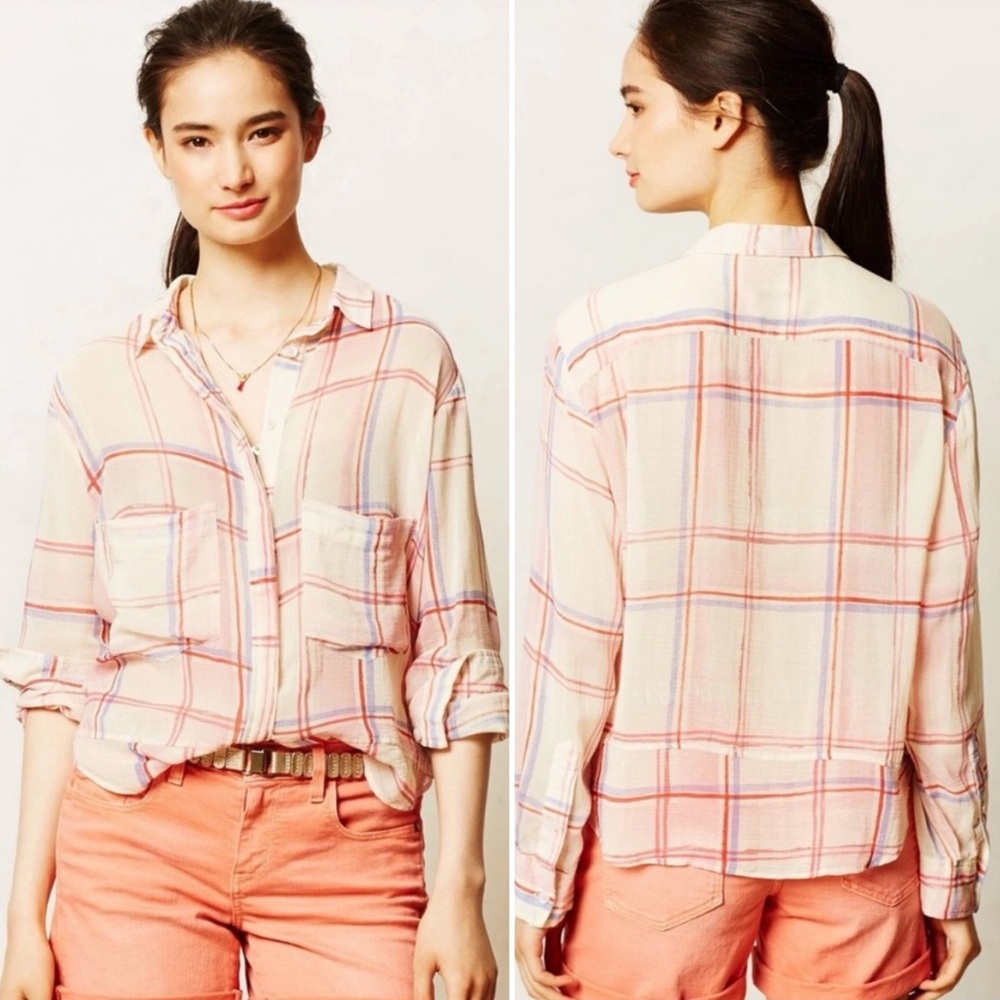 Anthropologie Holding Horses Plaid Button Down Top Lightweight Preppy Size S